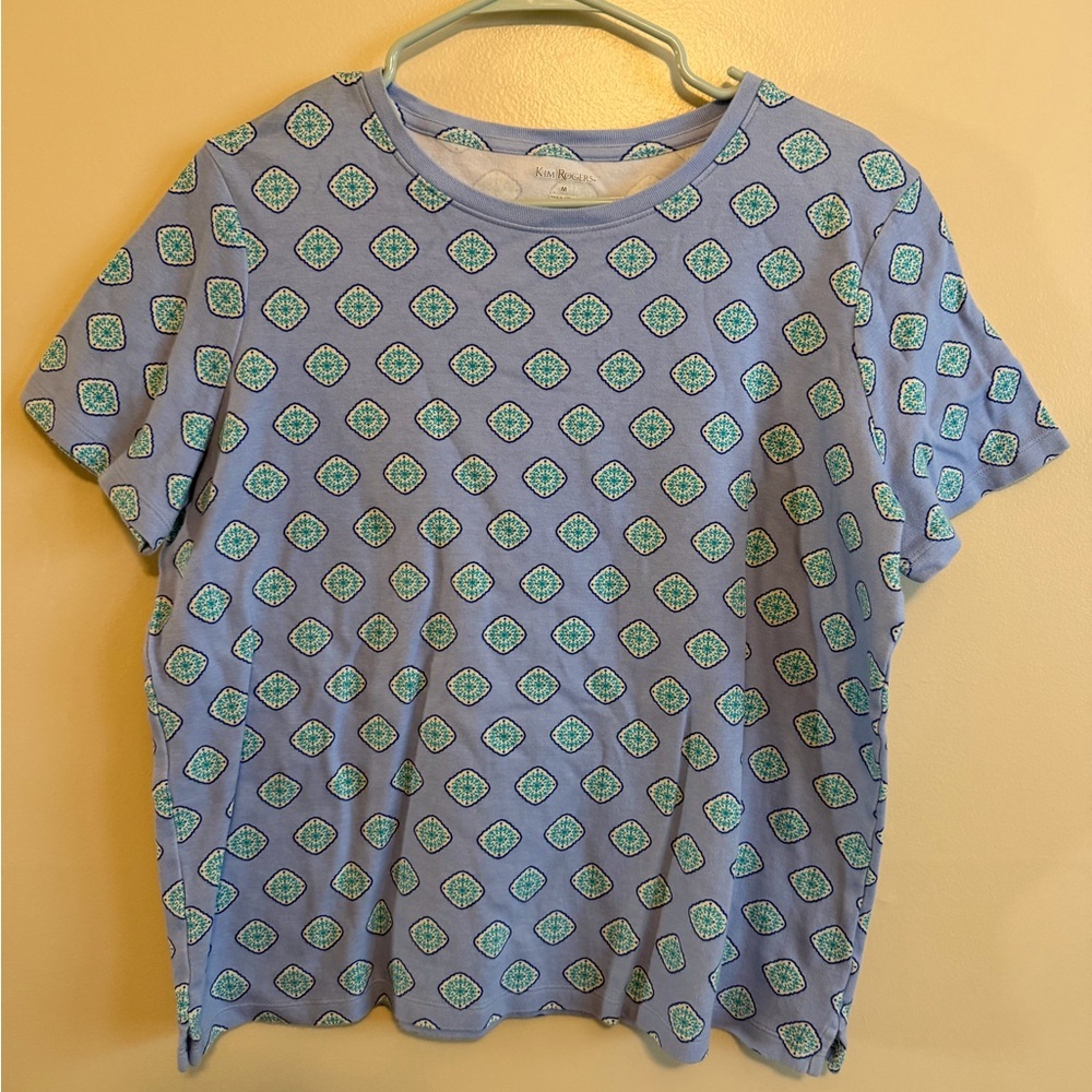 Kim Rogers Lavender Short-Sleeve Top with Green Diamond Print